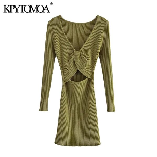 

casual dresses kpytomoa women 2021 fashion with knot hollow out fitted knit mini dress vintage v neck long sleeve female vestidos mujer, Black;gray