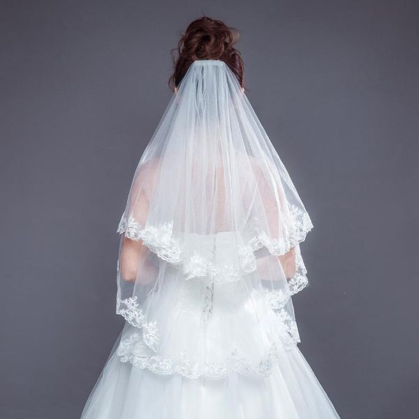 

bridal veils fashion two layer veil appliqued lace white tulle wedding with comb edge accessories, Black