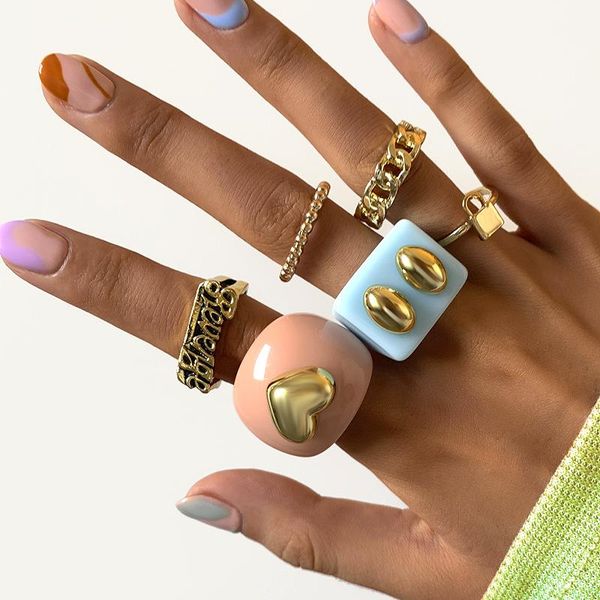 

earrings & necklace y2k jewelry 6pcs resin beads letter rings for women retro creative fashion charms heart lock ring set 90s aesthetic gift, Silver