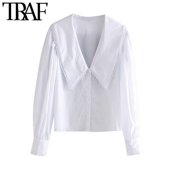 

traf women sweet fashion with embellished trim loose blouses vintage long sleeve button-up female shirts chic 220311, White