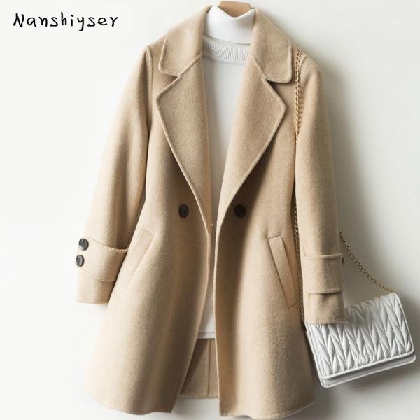 

women's wool & blends 2021 autumn winter double-sided cashmere coat women jacket plus size slim mid-length solid woolen, Black