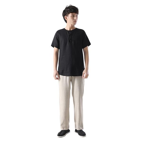 

men's casual shirts selling cotton linen with chinese buttons and short sleeves at home, White;black