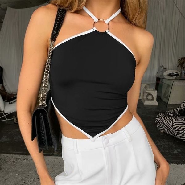 

puwd woman black hollow out halter vest summer chic female slim backless irregular girls y2k streetwear 210522, White