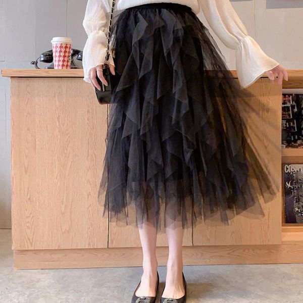 

skirts 2021 autumn winter vintage casual womens comfortable tulle high waist pleated tutu skirt ladies midi longue z044, Black