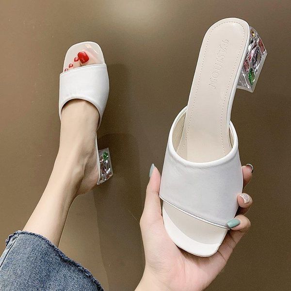 

slippers summer multicolor crystal clear thick high heels shoes woman flip flops sandalias open toe slides transparent women hv3h, Black