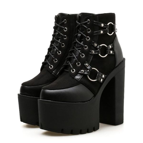 

boots 2021 spring fashion motorcycle women platform heels casual shoes lacing round toe ladies autumn black