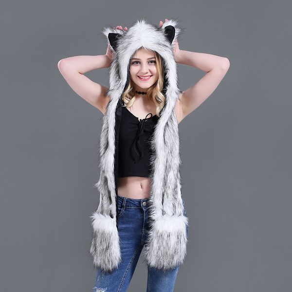 

2021popular winter fur hat plush animal hat cute cartoon scarf glove integration12, Black