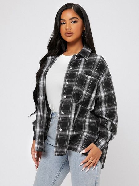 

petite drop shoulder plaid blouse b6jz#, White