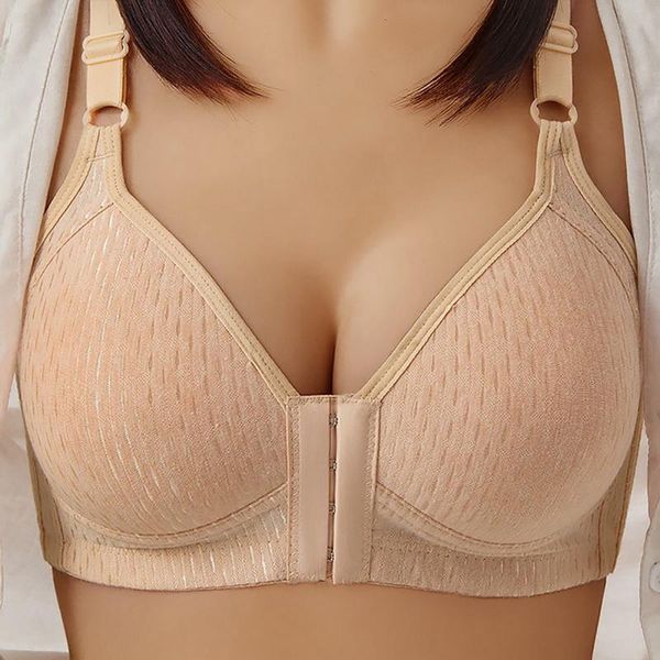 

bras women's bra front buckle push up breathing solid color plus size underwear gathered wireless lingerie without bones bralette, Red;black