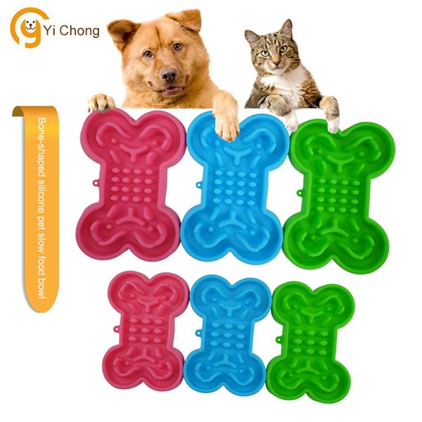 

(Blue L)Dogs Slow Food Bowls Silicone Bone Shaped Non-Slip Anti-Smashing Spill-Proof Cat Foods Feeder Pet Tray
