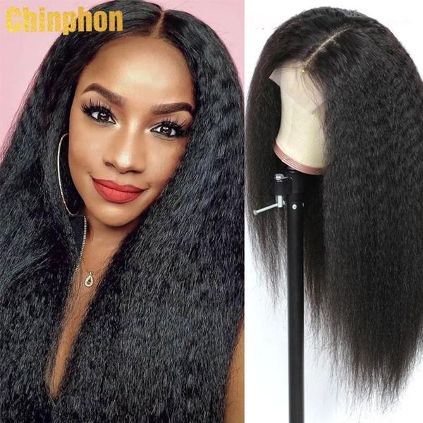 

glueless human hair wigs brazilian kinky straight lace frontal preplucked 150% 13x1 wig for black women1, Black;brown