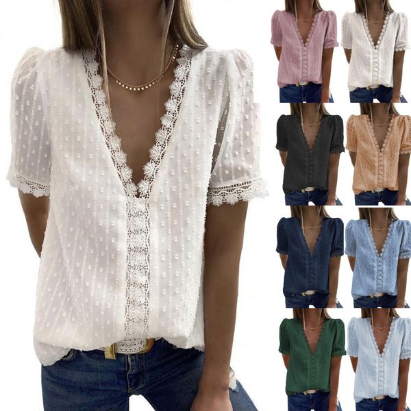 

2021 new popular v-neck short sve splicing lace chiffon top, White
