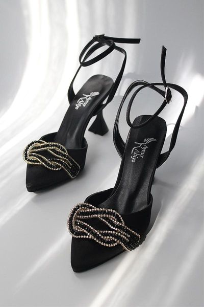 

dress shoes women's evening stylish fashion black satin knot stone detailed heels