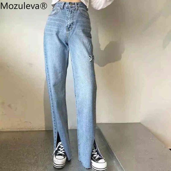 

spring women tassel ripped hole denim jeans high-waist straight for side split vintage long pant 210427, Blue