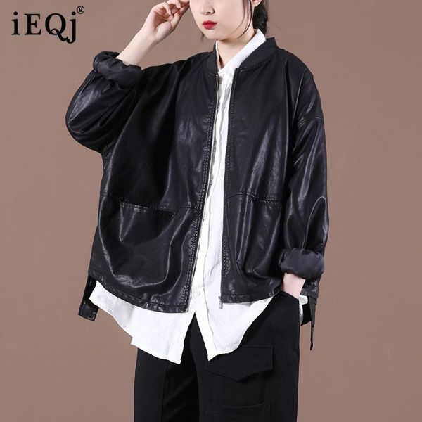 

women's vests ieqj spring autumn 2021 female korean minimalism version loose big size baseball collar short leather jacket 3f0614, Black;white