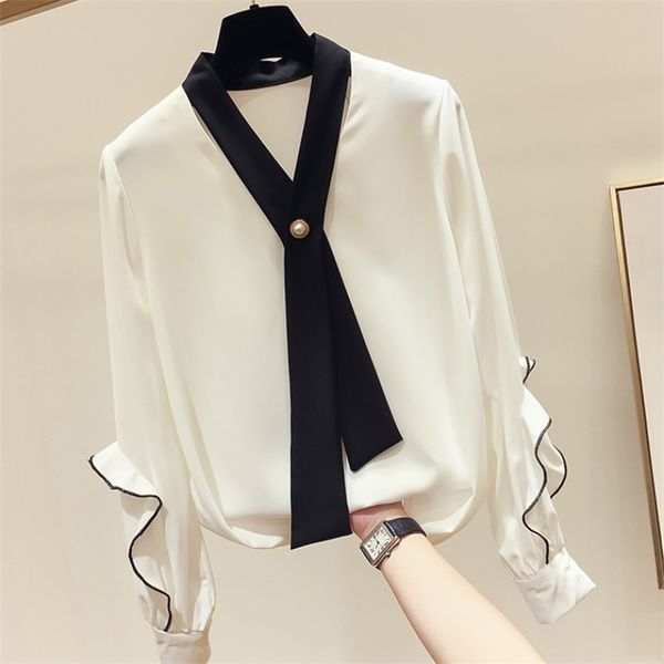

spring autumn women's blouse lace v-neck long sleeve korean style wild loose casual chiffon shirt gx479 210507, White