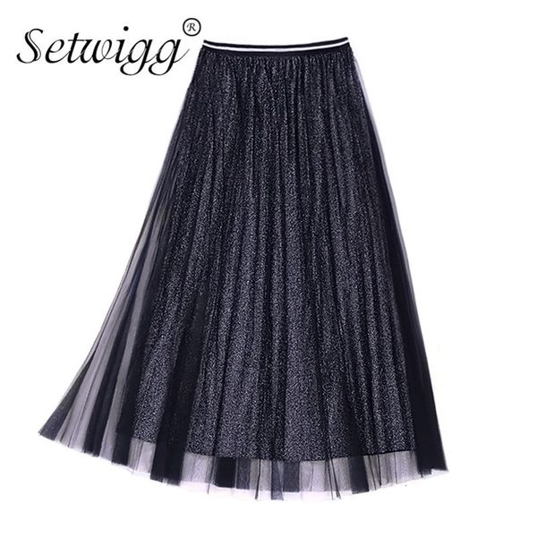 

skirts skirts spring metallic pleated gauze high waist sier starry a-line mid-calf long summer pink wl8n, Black