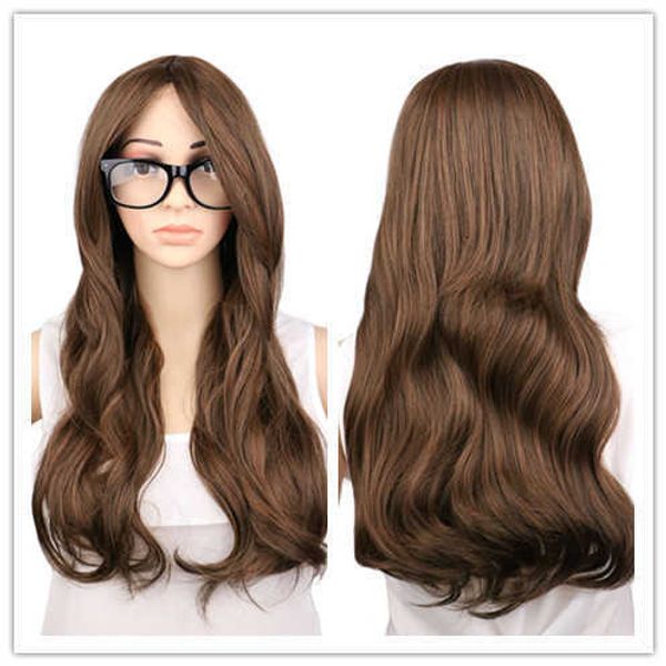 

fashion split long curly hair big women's wave simulation scalp trim face high temperature silk wig, Black