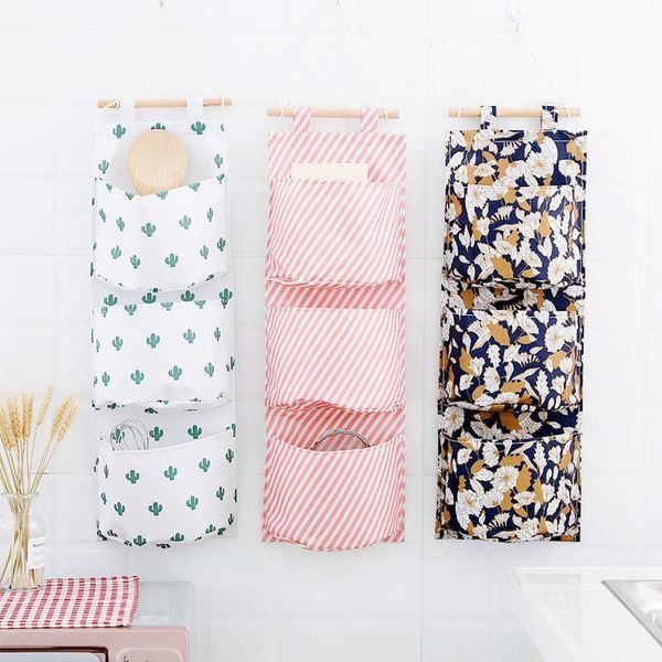 

storage boxes & bins 3 pockets wall mounted wardrobe hang bag cotton linen printing hanging pouch cosmetic toys closet organizer