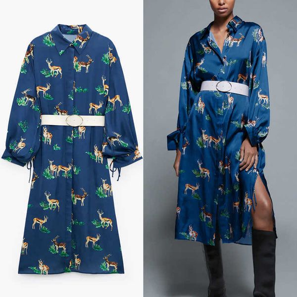 

za flowy animal print belt satin dress women long sleeve tied cuffs vintage shirt dresses female chic hidden button vestido 210602, Black;gray