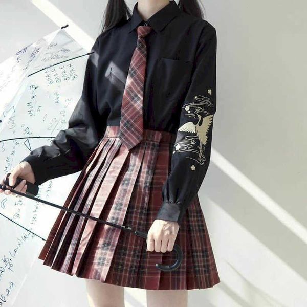 Damen-Langarm-Schwarz-Weiß-Shirt JK-Uniform-Kranich-Stickerei im chinesischen Stil College-frische Pflaumen-Jianhe-Bluse 210526