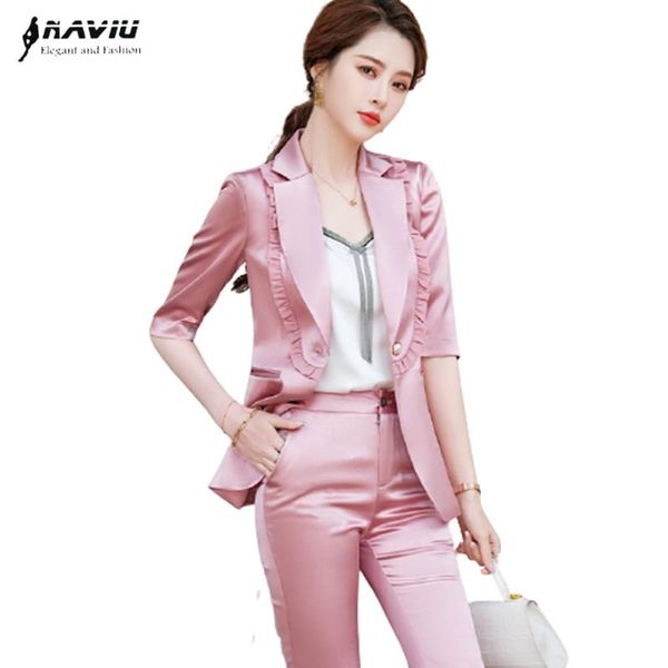 

blue suits women fashion summer half sleeve edible tree design formal slim blazer and pants office ladies work wear women's two piece, White