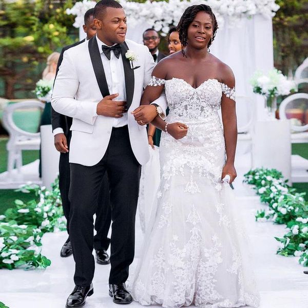 

custom off shoulder lace mermaid wedding dresses with appliuqes sweep train lace-up back country bridal gowns plus size, White