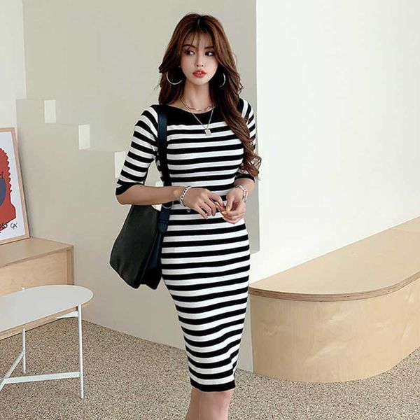 

korea spring and summer dress striped knitted slim base office lady knitting cotton knee-length 210603, Black;gray