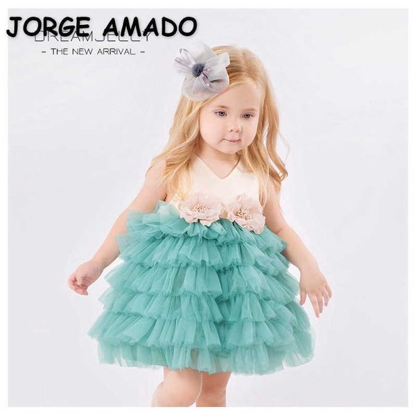 Verão meninas bebê vestido sem mangas flor verde tule bolo saia partido roupas e1002 210610