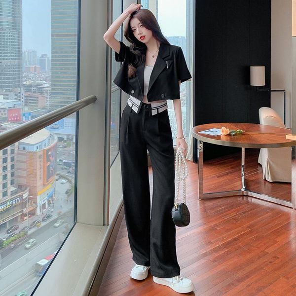 

tianluo temperament suit wear women 2021 summer korean fashion short design sense high waist pants two piece set women's tracksuits, Gray