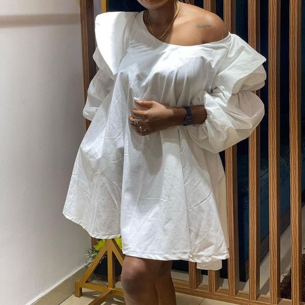 

casual dresses summer 2021 europe america african round neck lantern sleeve loose ruffle solid color one word collar women's dress, Black;gray