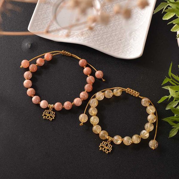 

beaded, strands 8mm natural citrine sunstone beaded knotted bracelet meditation yoga healing bangle with golden lotus for women jewelry, Black