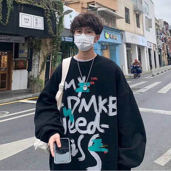 

men's hoodies & sweatshirts spring hong kong style loose fitting couple's baita round neck top, Black