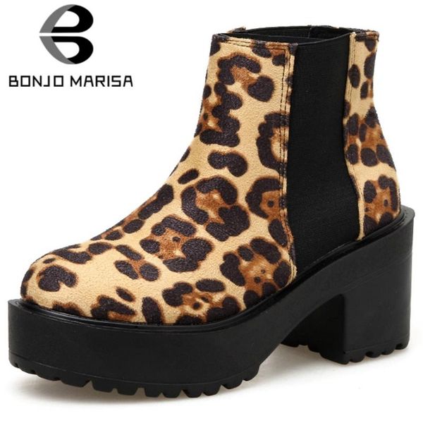 

boots bonjomarisa ladies autumn fashion leopard slip-on platform women high block heels street shoes woman, Black
