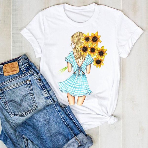 

women's t-shirt women lady summer flowers sunflower floral vogue ladies t tee tshirt womens female shirt clothes graphic clothing, White