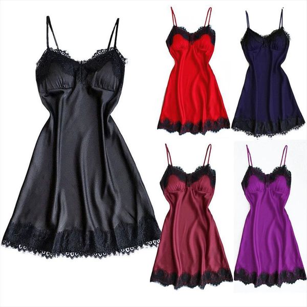 

plus size lace nightgown women sleepwear spaghetti strap night dress nightie multicolor sleeveless nightwear, Black;red