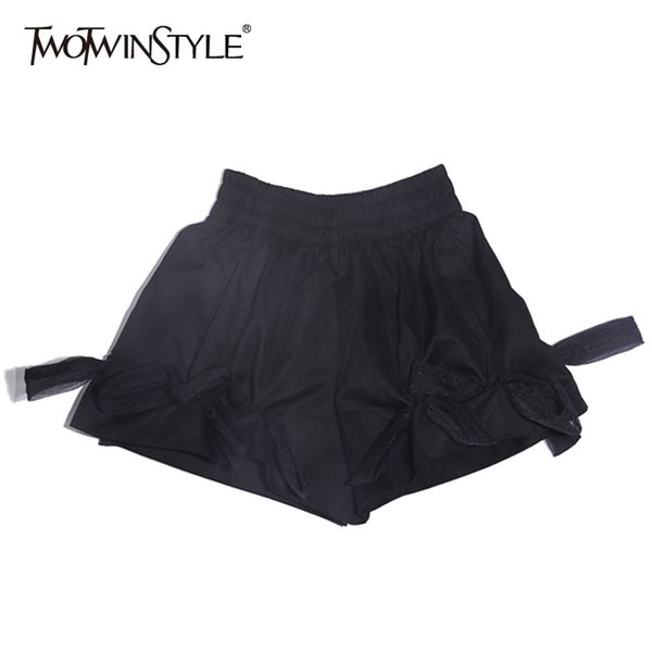 

black patchwork bowknot short for women high waist casual loose shorts female fashion clothing summer time 210521, White;black