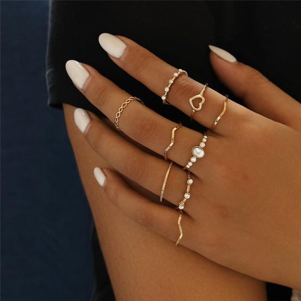 

cluster rings 9pcs boho knuckle vintage finger stackable set midi ring with heart pearl for women girls, Golden;silver