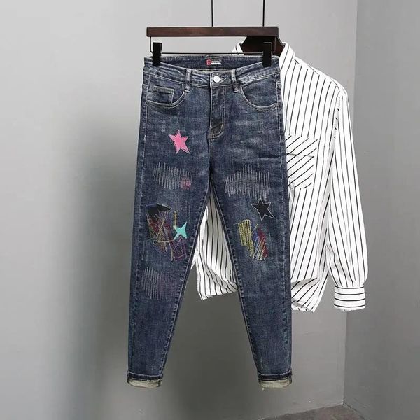 

men's jeans classic hiphop men casual mid-rise straight denim long pants comfortable trousers loose fit brand menswear man's, Blue