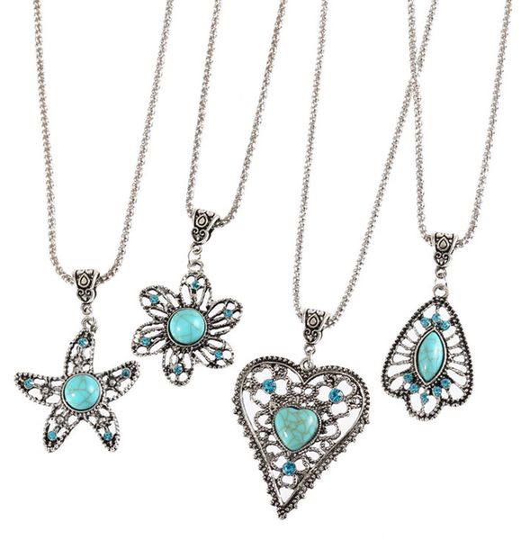 

turquoise necklace bohemian diamond starfish peach heart pendant necklace fine fashion, Silver