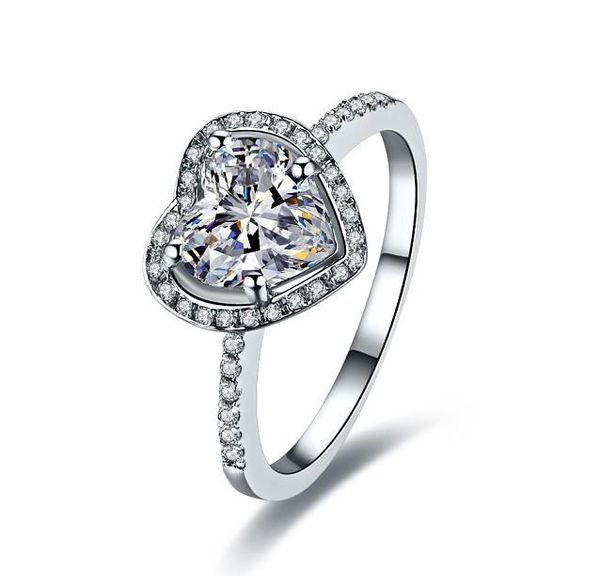 

heart shape promise love 2ct diamond ring for women solid platinum pt950 white gold wedding cover fine jewelry cluster rings, Golden;silver