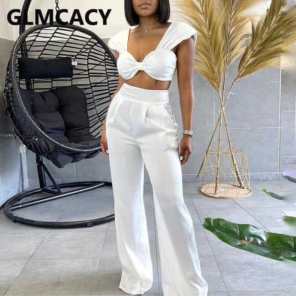 

two piece chic suits crop & loose pants set 210702, White