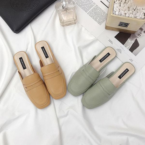 

square toe pu shoes woman 2021 female slippers mules cover flat scandals rome rubber fabric slides hoof heels basic, Black