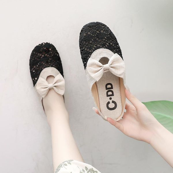 

slippers summer fashion women flat heel outdoor solid color non-slip breathable bow shopping lightweight women's shoes u24-80, Black
