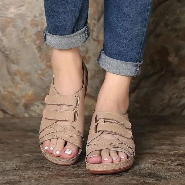 

women summer sandals plus size cross tied wedges leisure fish mouth solid hollow out hook casual female shoes, Black