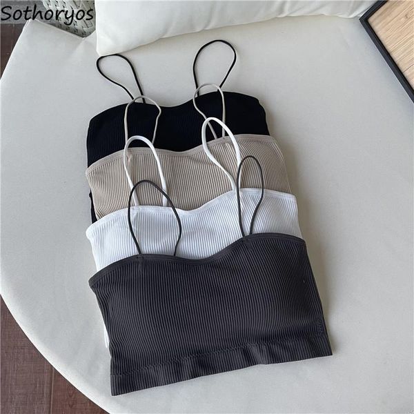 

women's tanks & camis women camisoles sleeveless cropped spaghetti straps slim skinny screw thread summer chic all-match korean ins, White