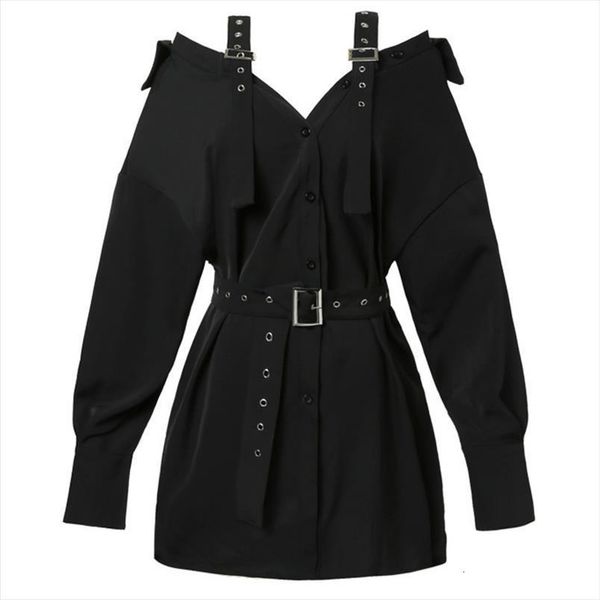 

black gothic shirt with women dress belt punk style mini strap autumn female club wear party off shoulder streetwear, Black;gray