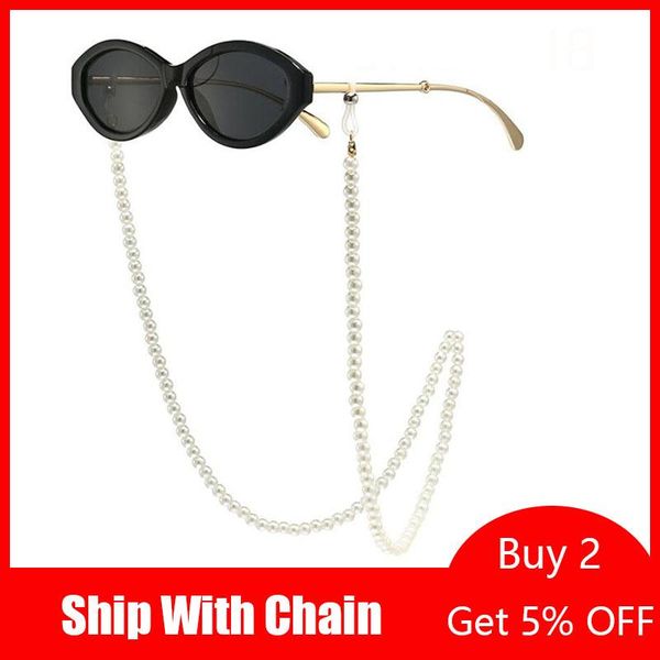 

sunglasses black women shades fashion with pearls chain necklace 2021 brand cat eye retro small frame gafas, White;black