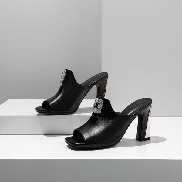 

slippers 2021 summer slipper woman genuine leather high heels sandals european fashion beach women shoes diamond party, Black