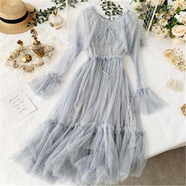

casual dresses elegant mesh lace embroider women dress bow collar flare sleeve party elastic waist midi vestido pz2417, Black;gray